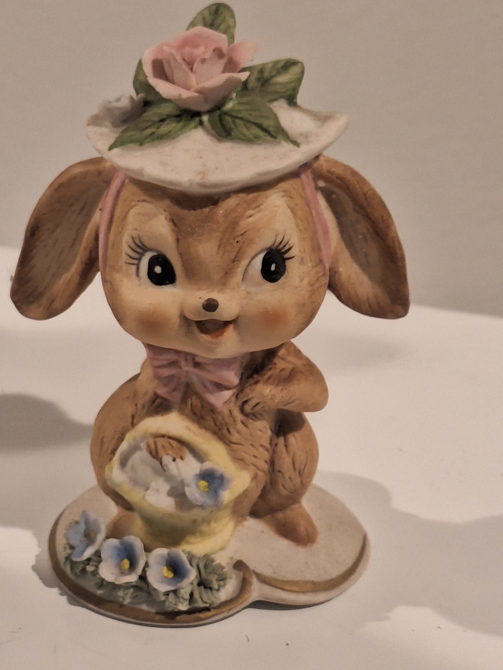 Lefton Vintage Ceramic Bunny Figurine with Pink Hat and Flower Basket